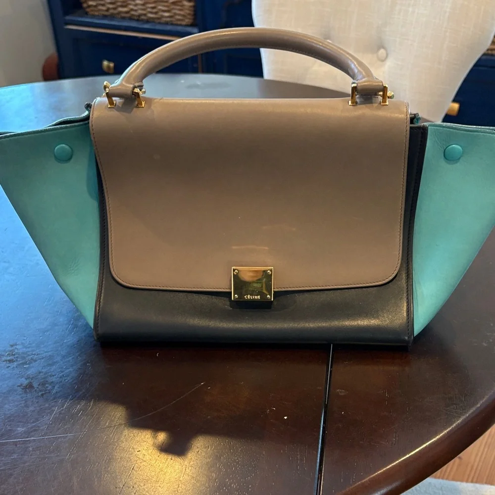 Celine Tricolor Satchel in Brown, Black, and Teal - Picture 1 of 14